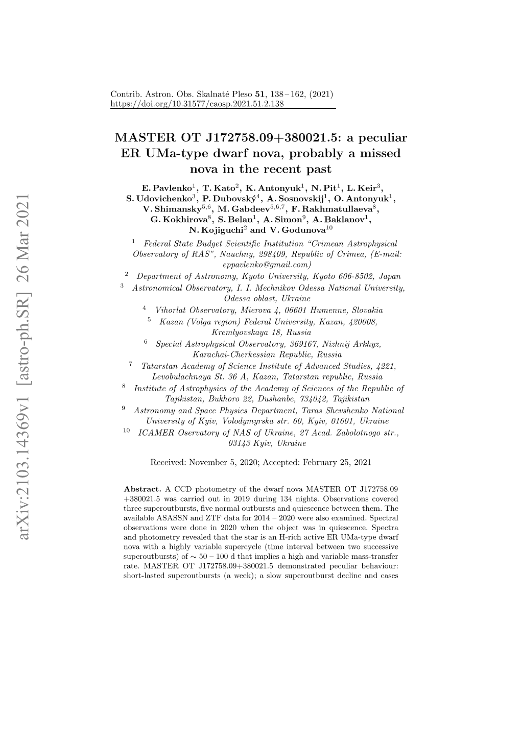 Arxiv:2103.14369V1 [Astro-Ph.SR] 26 Mar 2021 Oti.Ato.Os Skalnat´E Pleso Obs