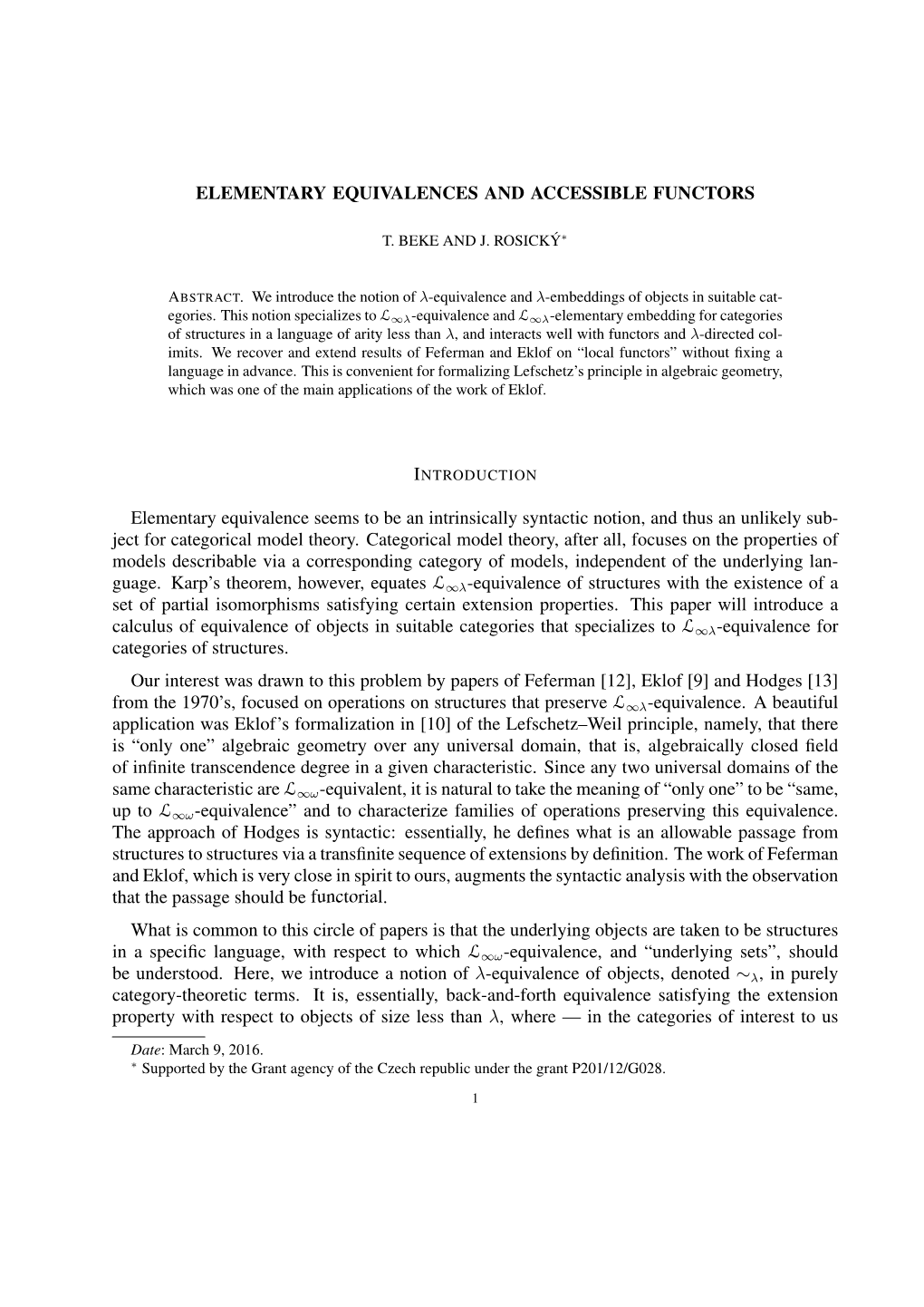 Elementary Equivalences and Accessible Functors