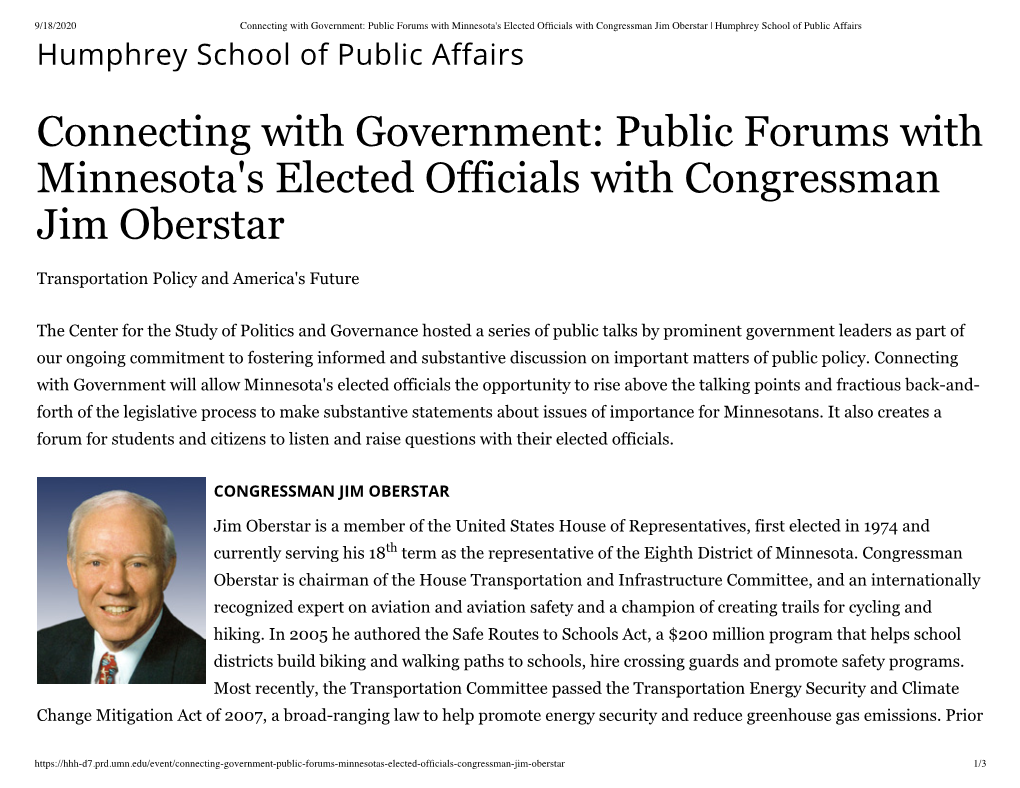 Public Forums with Minnesota's Elected Officials with Congressman Jim Oberstar