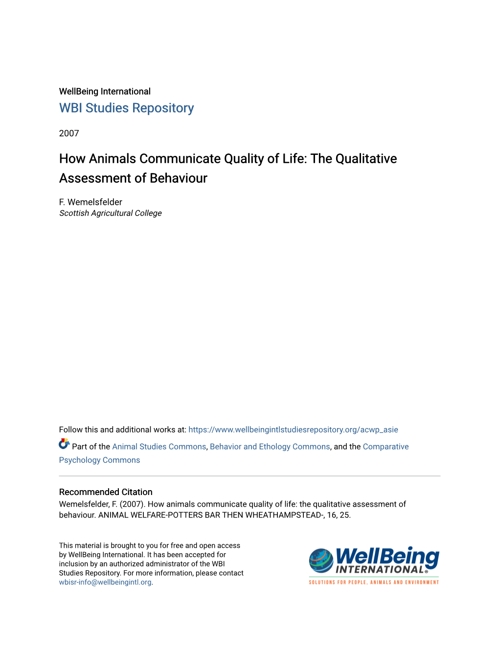 How Animals Communicate Quality of Life: the Qualitative Assessment of Behaviour