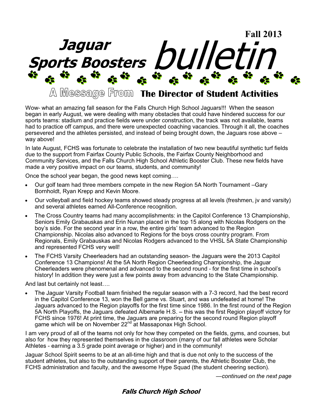Jaguar Sports Boosters Bulletin Fall 2013