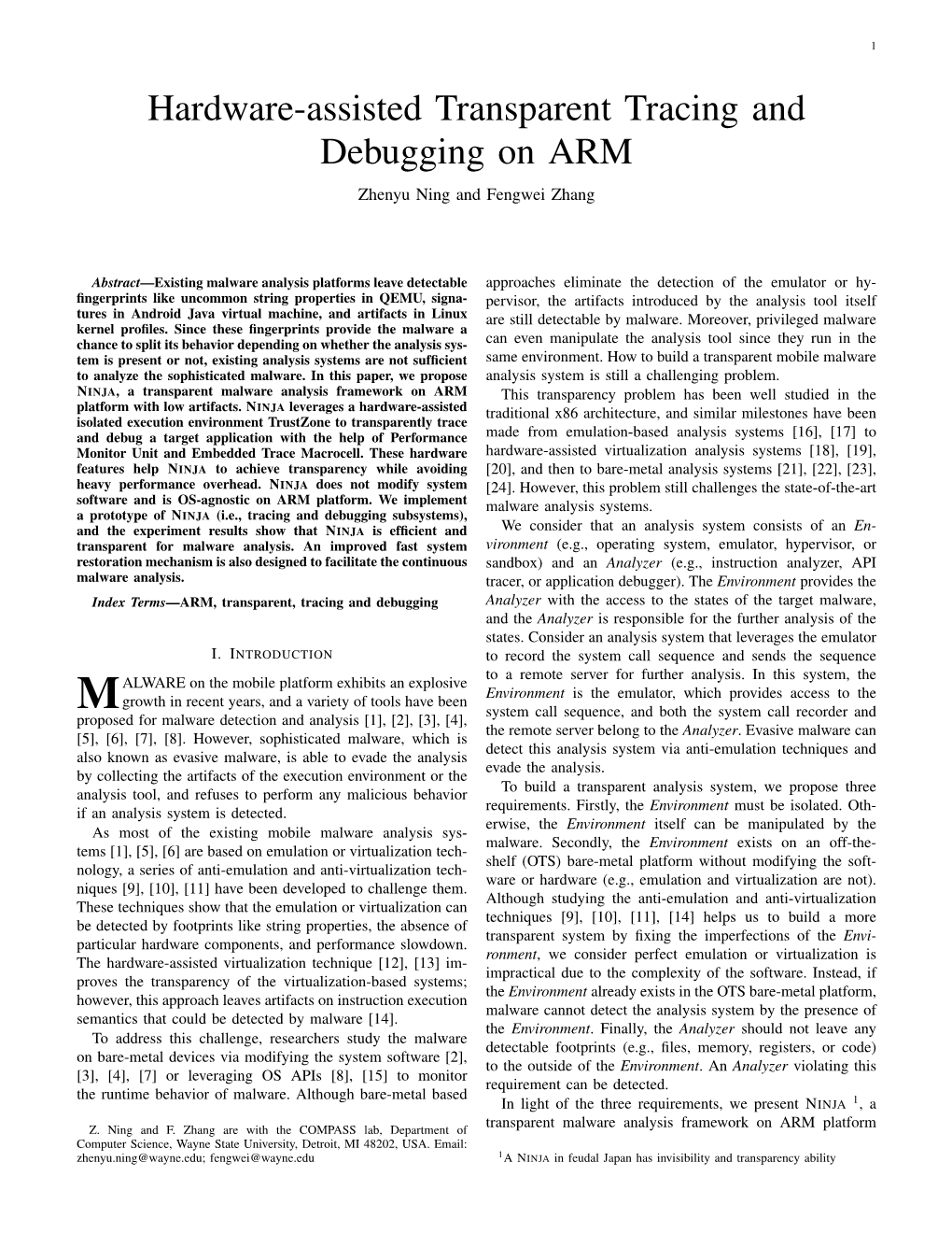 Hardware-Assisted Transparent Tracing and Debugging on ARM Zhenyu Ning and Fengwei Zhang