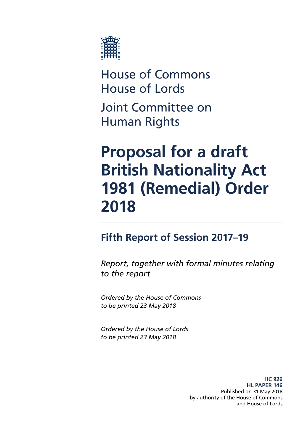 Proposal for a Draft British Nationality Act 1981 (Remedial) Order 2018