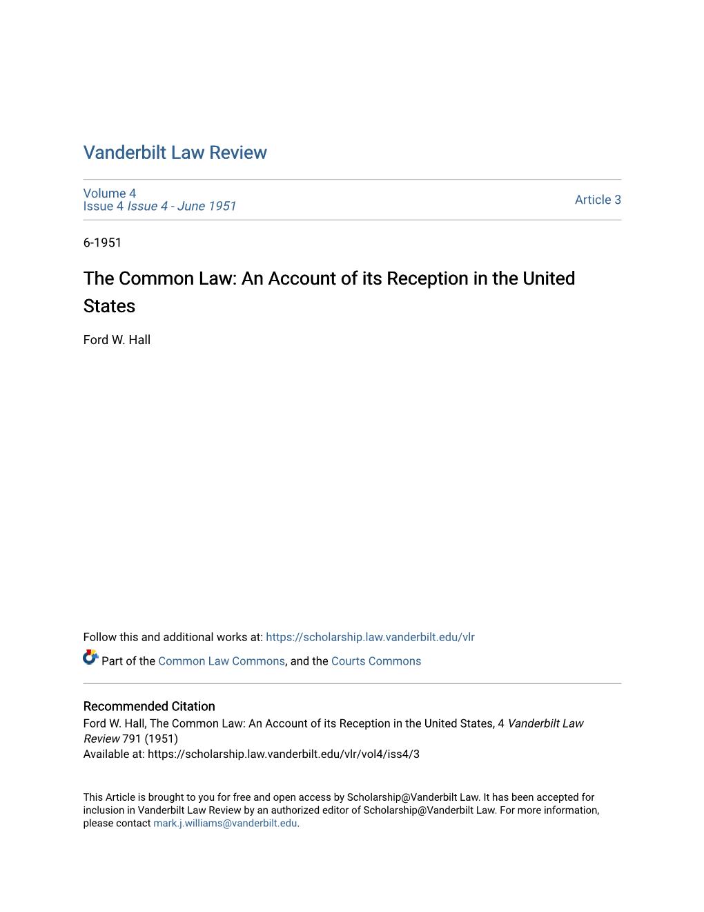 The Common Law: an Account of Its Reception in the United States