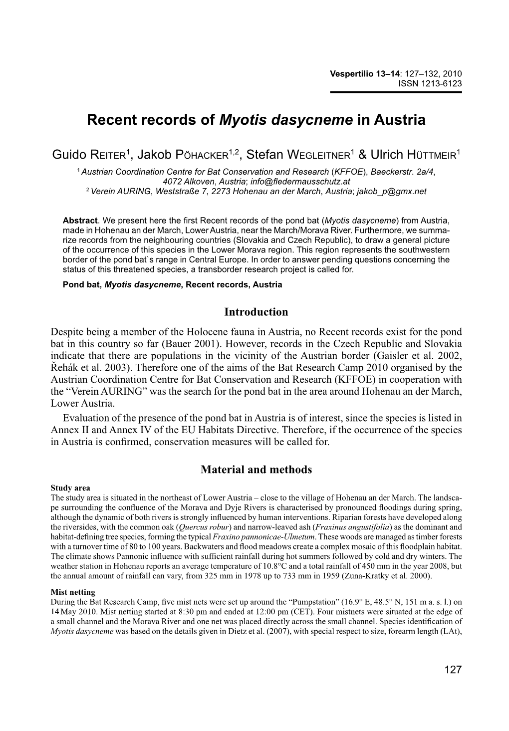 Recent Records of Myotis Dasycneme in Austria