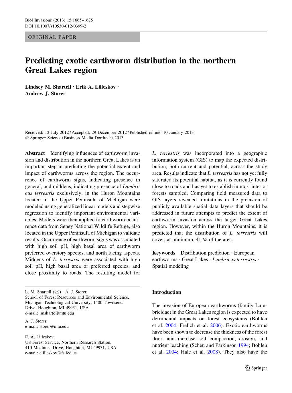 Predicting Exotic Earthworm Distribution in the Northern Great Lakes Region