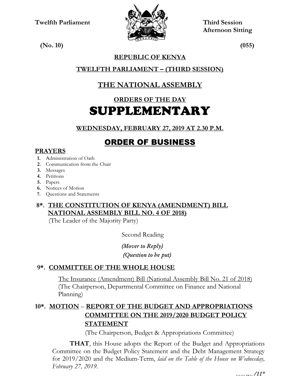 Wednesday, February 27, 2019 at 2.30 P.M.- Supplementary