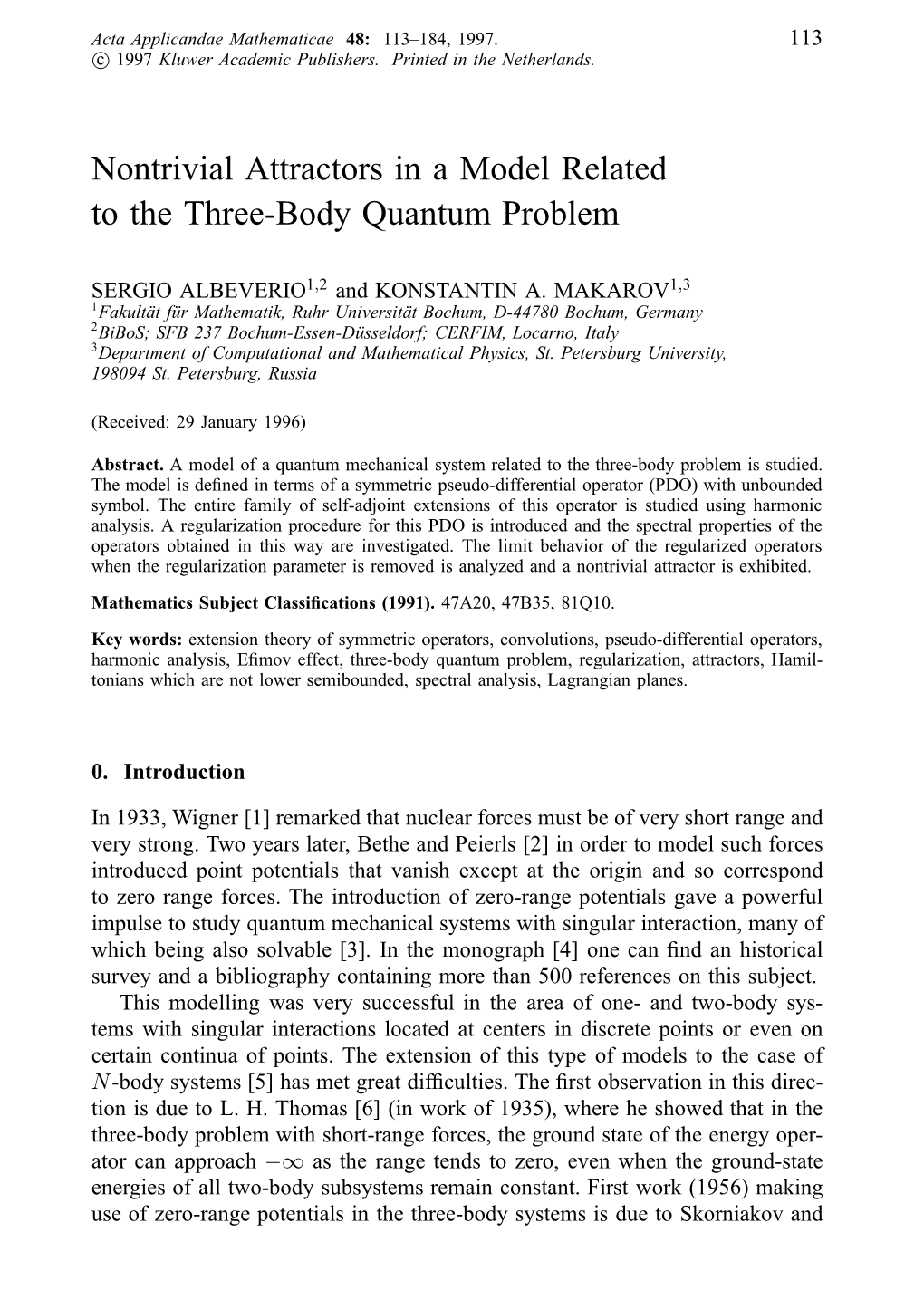 Nontrivial Attractors in a Model Related to the Three-Body Quantum Problem