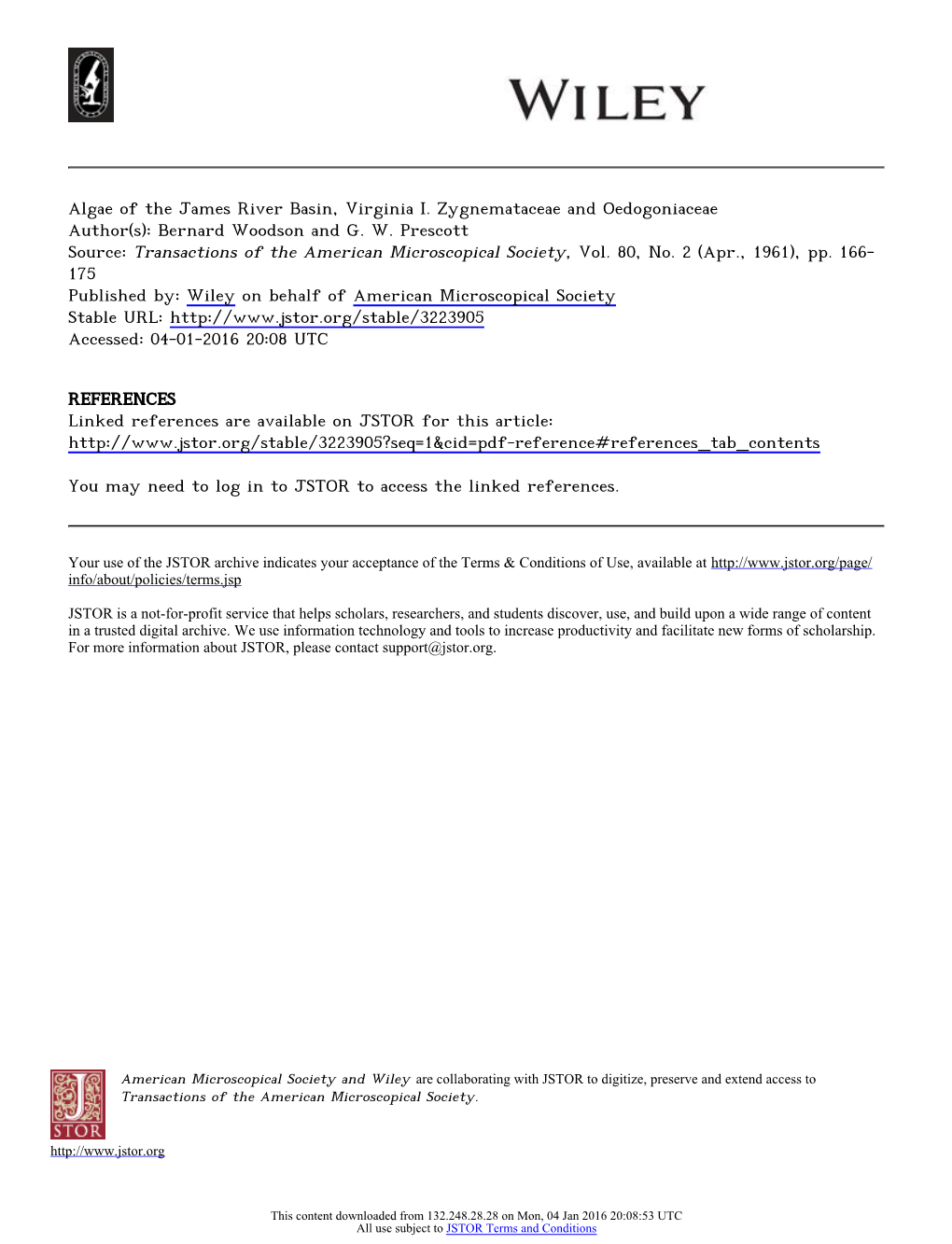 Algae of the James River Basin, Virginia I. Zygnemataceae and Oedogoniaceae Author(S): Bernard Woodson and G. W. Prescott Source