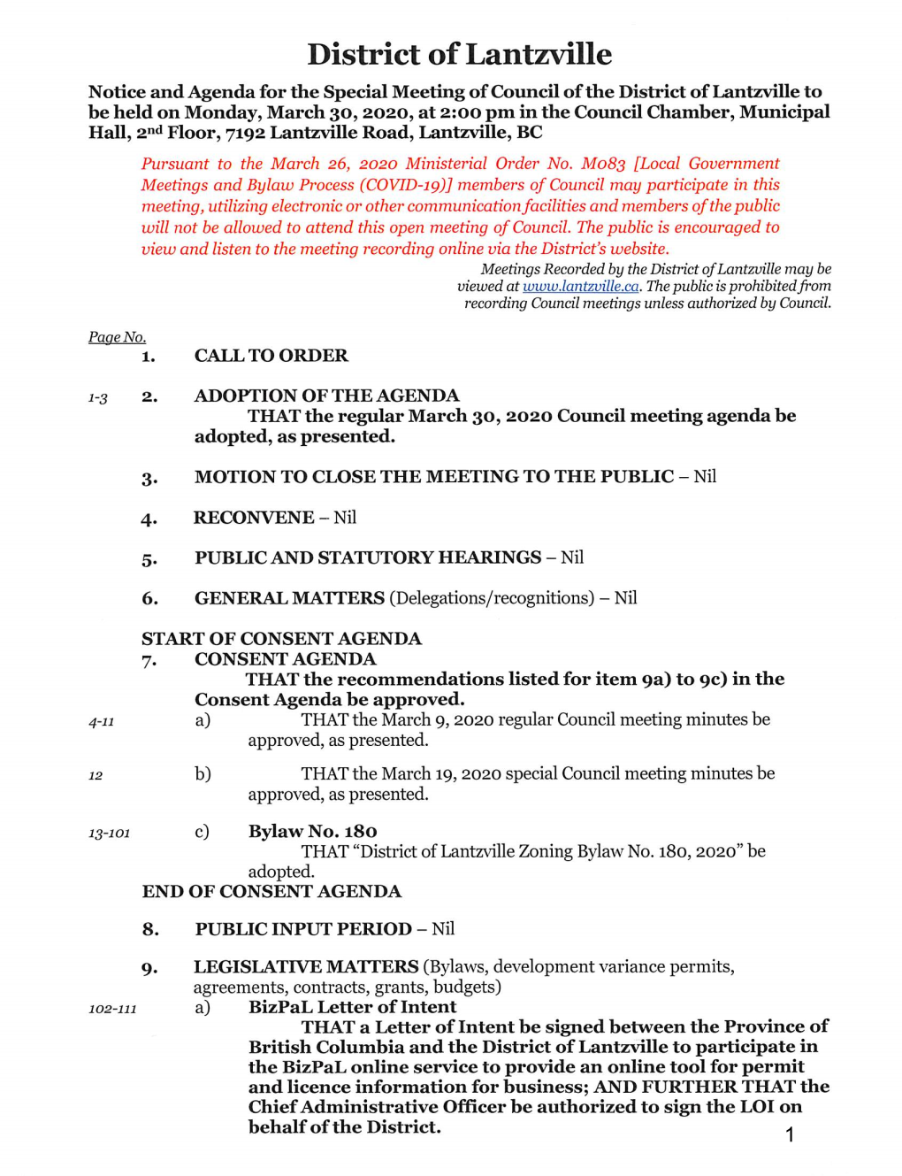 Notice and Agenda for Special Council Meeting