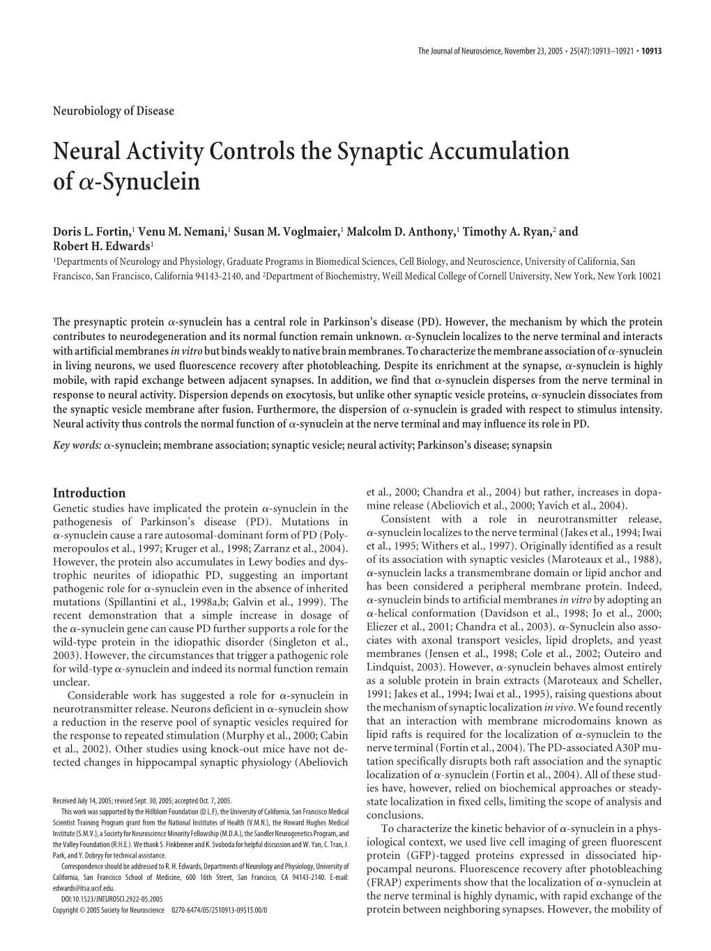 Neural Activity Controls the Synaptic Accumulation Ofα-Synuclein