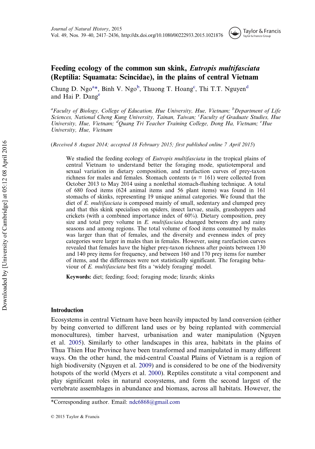 Feeding Ecology of the Common Sun Skink, Eutropis Multifasciata (Reptilia: Squamata: Scincidae), in the Plains of Central Vietnam Chung D