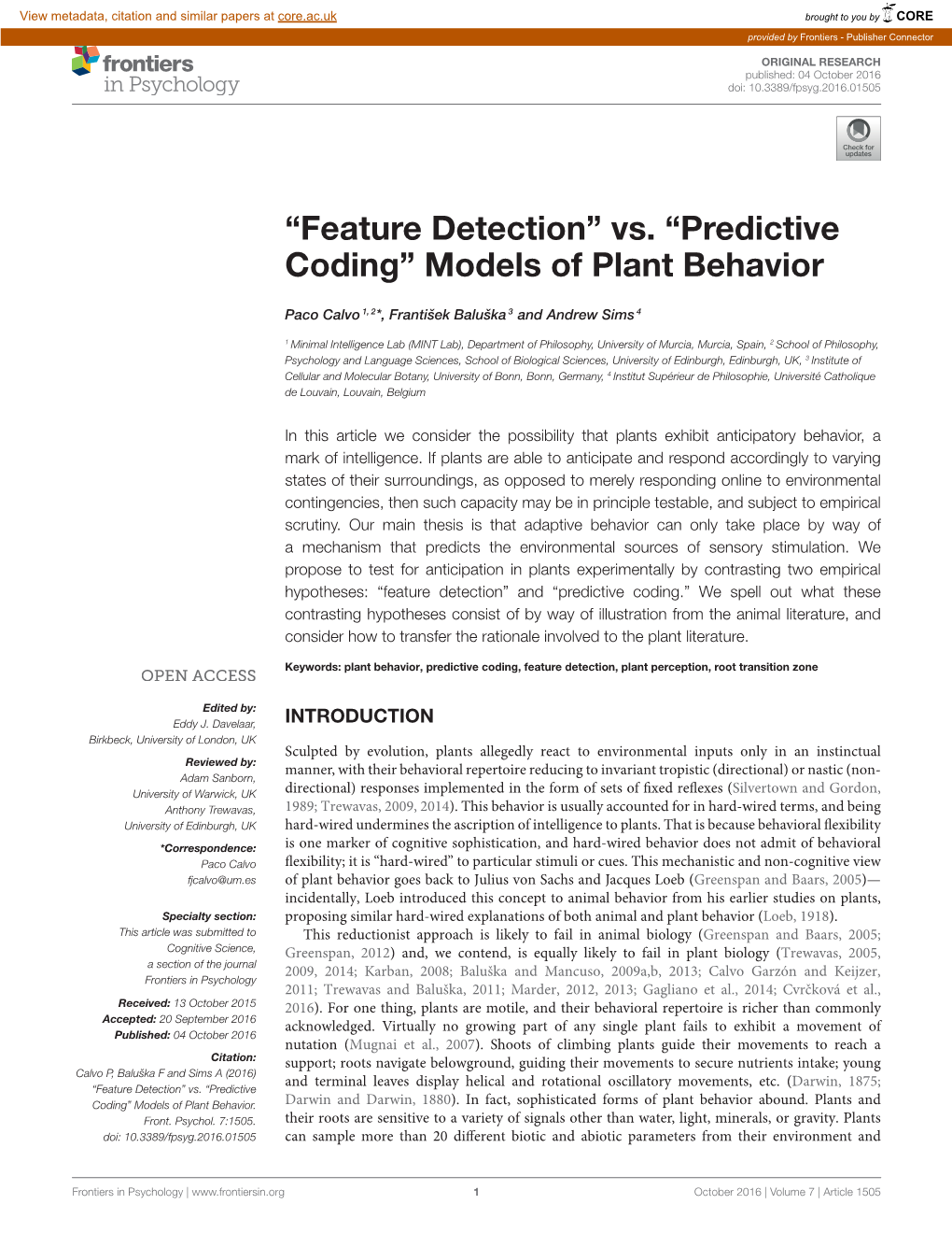 "Feature Detection'' Vs. "Predictive Coding'' Models of Plant Behavior