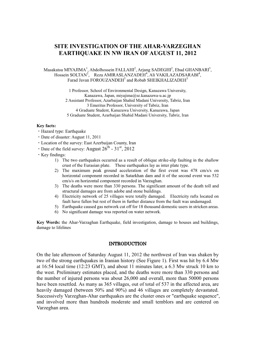 Site Investigation of the Ahar-Varzeghan Earthquake in Nw Iran of August 11, 2012