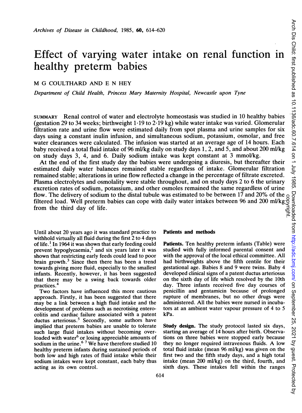 Effect of Varying Water Intake on Renal Function in Healthy Preterm Babies