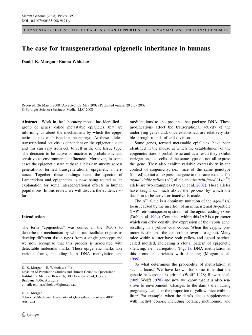 The Case for Transgenerational Epigenetic Inheritance in Humans