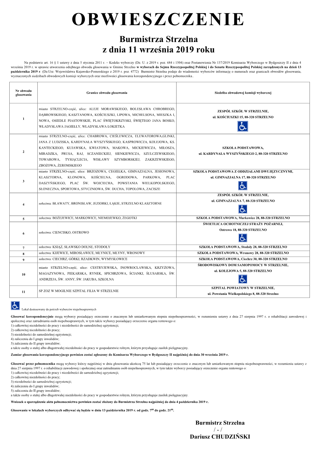 Strzelno W Wyborach Do Sejmu Rzeczypospolitej Polskiej I Do Senatu Rzeczypospolitej Polskiej Zarządzonych Na Dzień 13 Października 2019 R