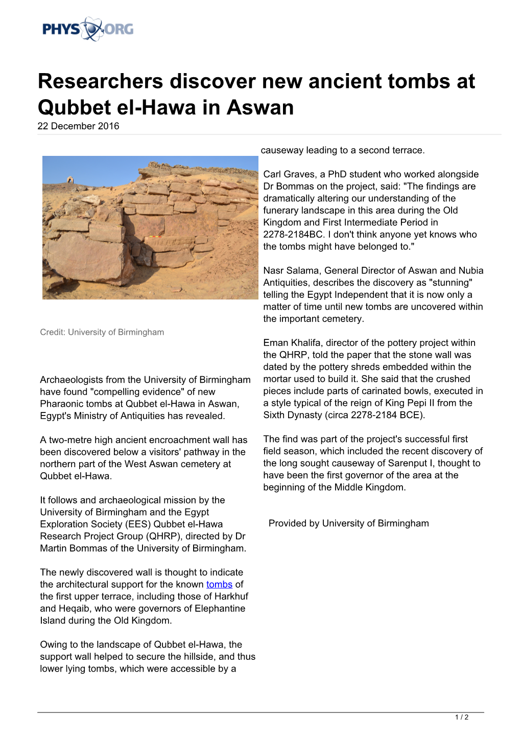 Researchers Discover New Ancient Tombs at Qubbet El-Hawa in Aswan 22 December 2016