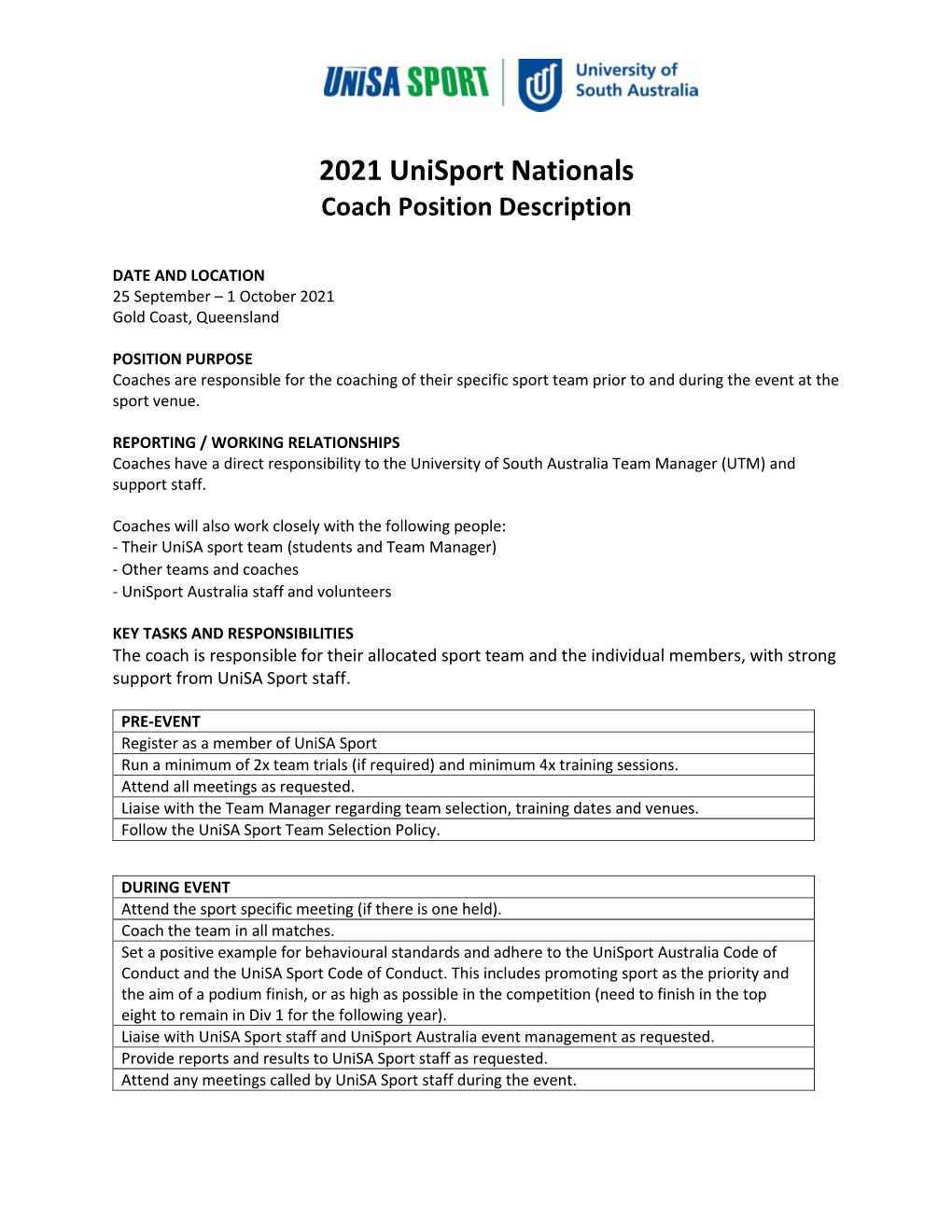 2021 Unisport Nationals Coach Position Description
