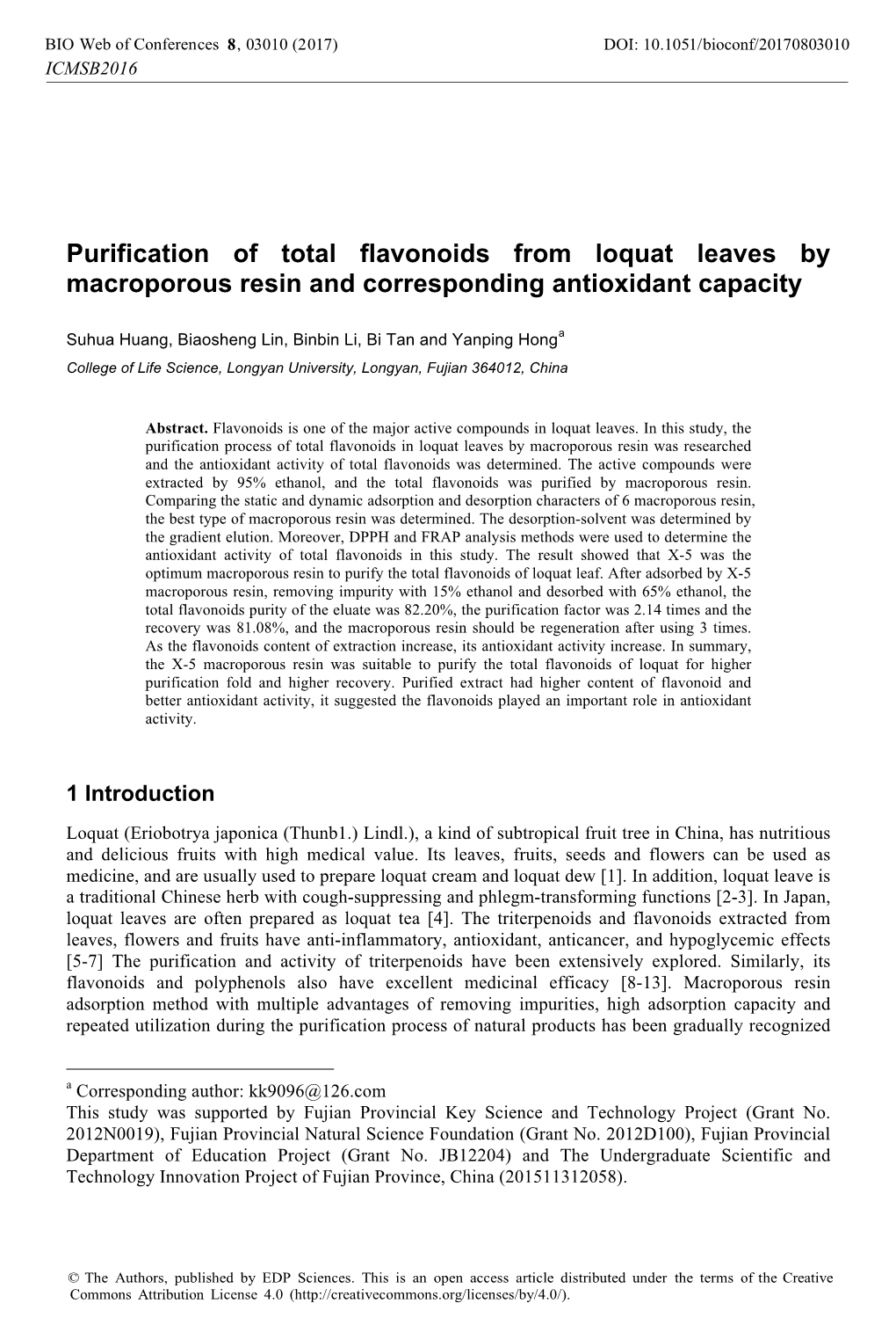 Purification of Total Flavonoids from Loquat Leaves by Macroporous Resin and Corresponding Antioxidant Capacity