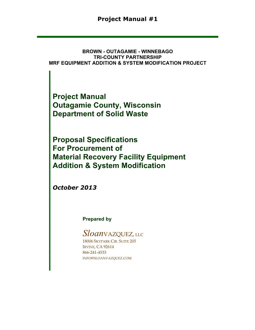 Project Manual Outagamie County, Wisconsin Department of Solid Waste