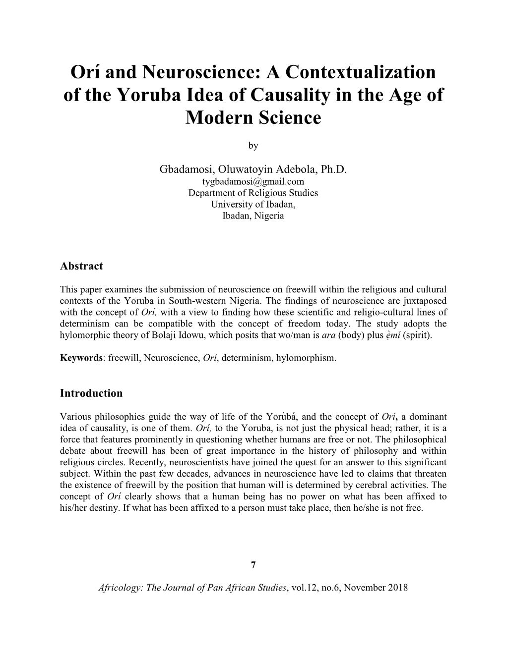 Orı́ and Neuroscience: a Contextualization of the Yoruba Idea of Causality in the Age of Modern Science