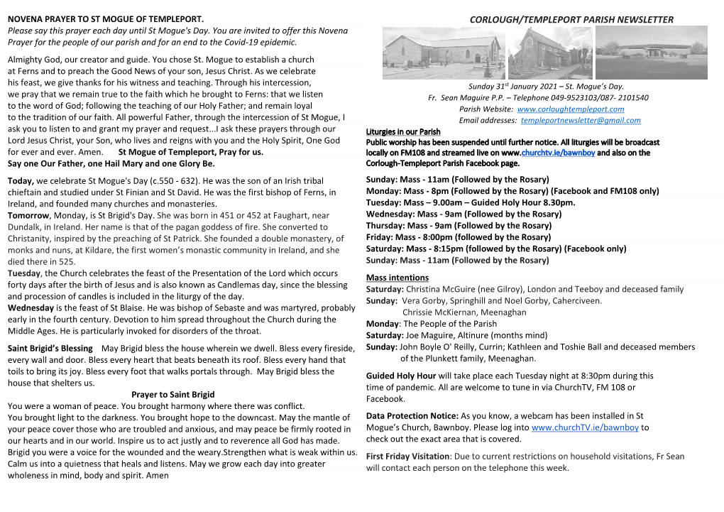 CORLOUGH/TEMPLEPORT PARISH NEWSLETTER Please Say This Prayer Each Day Until St Mogue's Day