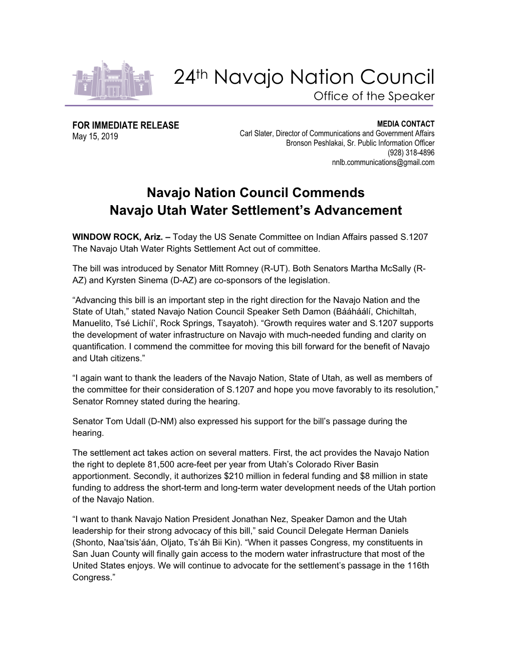 Navajo Nation Council Commends Navajo Utah Water Settlement's