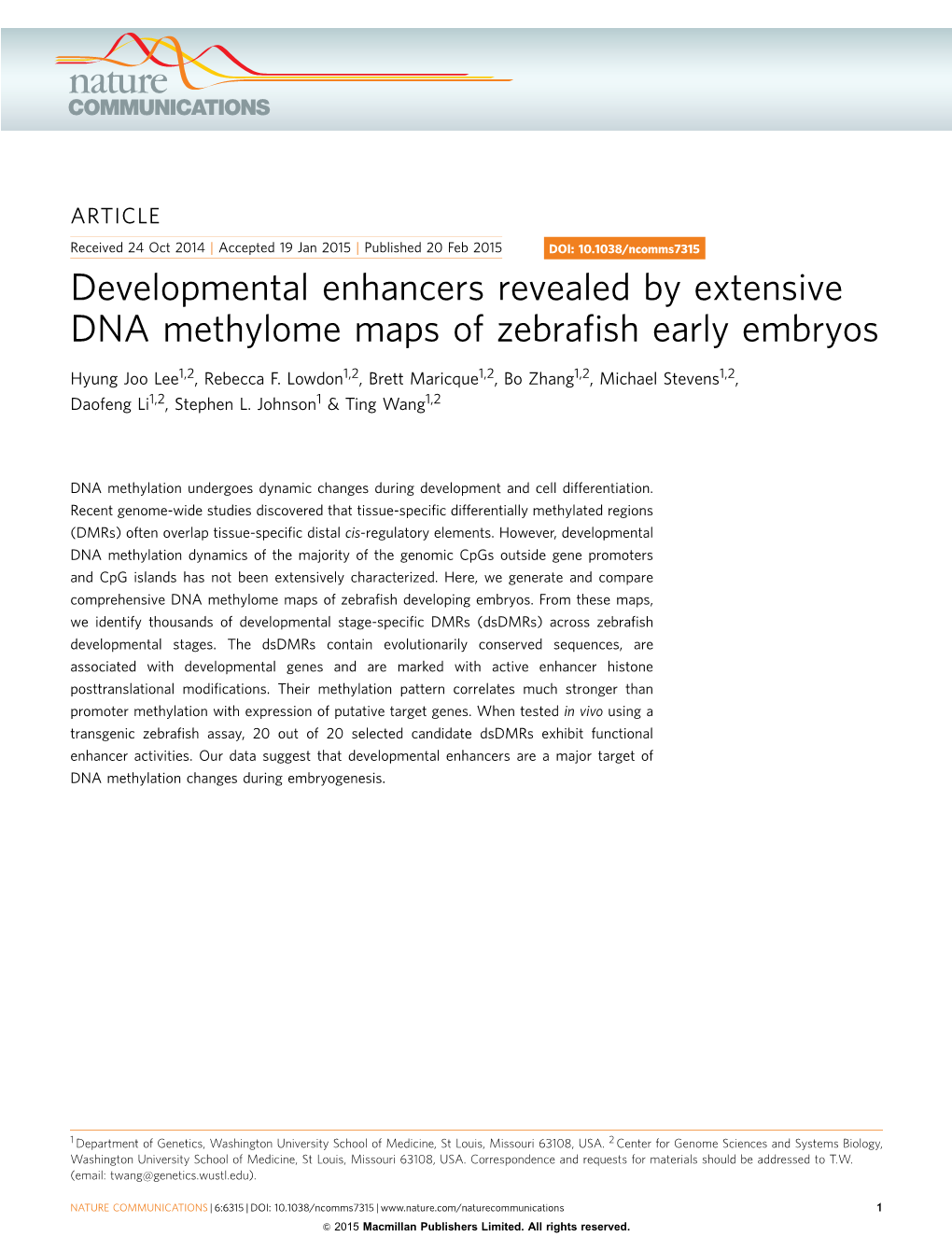 Developmental Enhancers Revealed by Extensive DNA Methylome Maps of Zebrafish Early Embryos