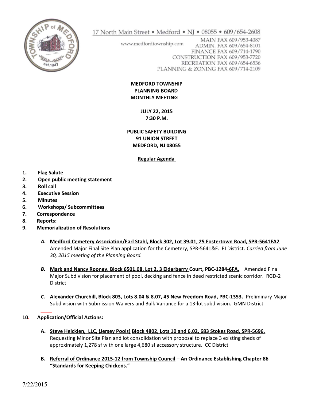 Medford Township Planning Board Monthly Meeting