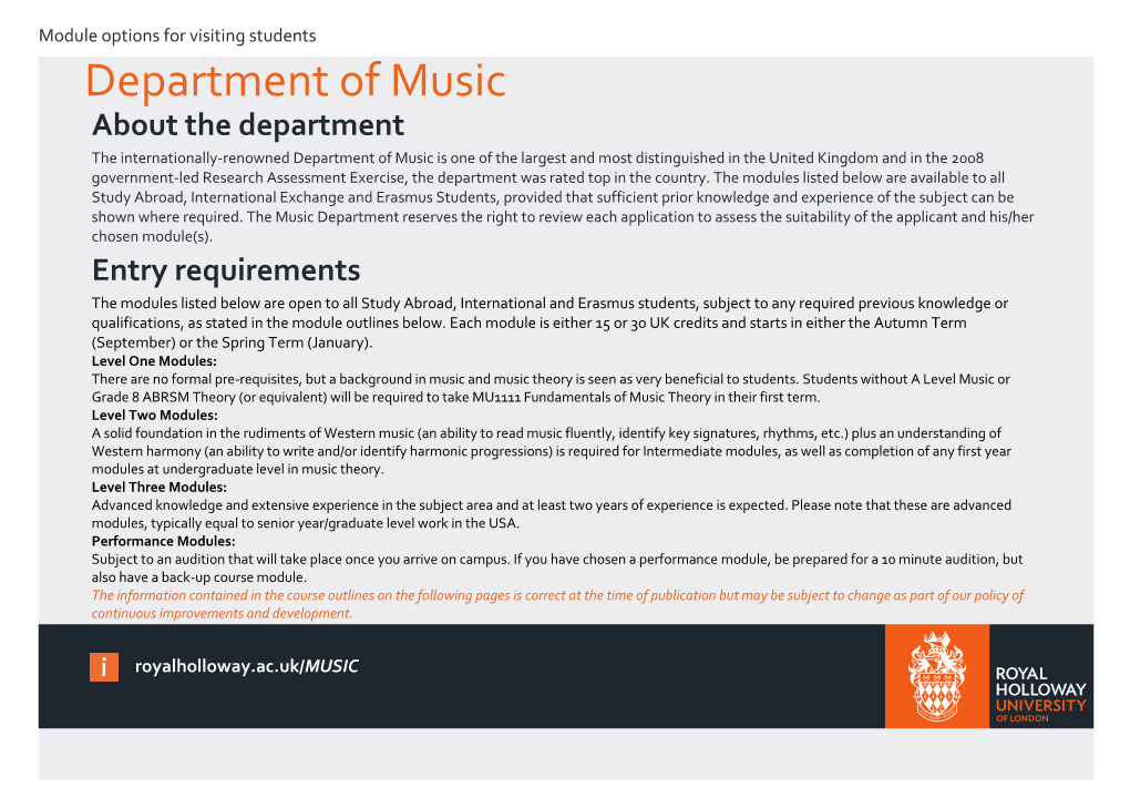 Department of Music About the Department