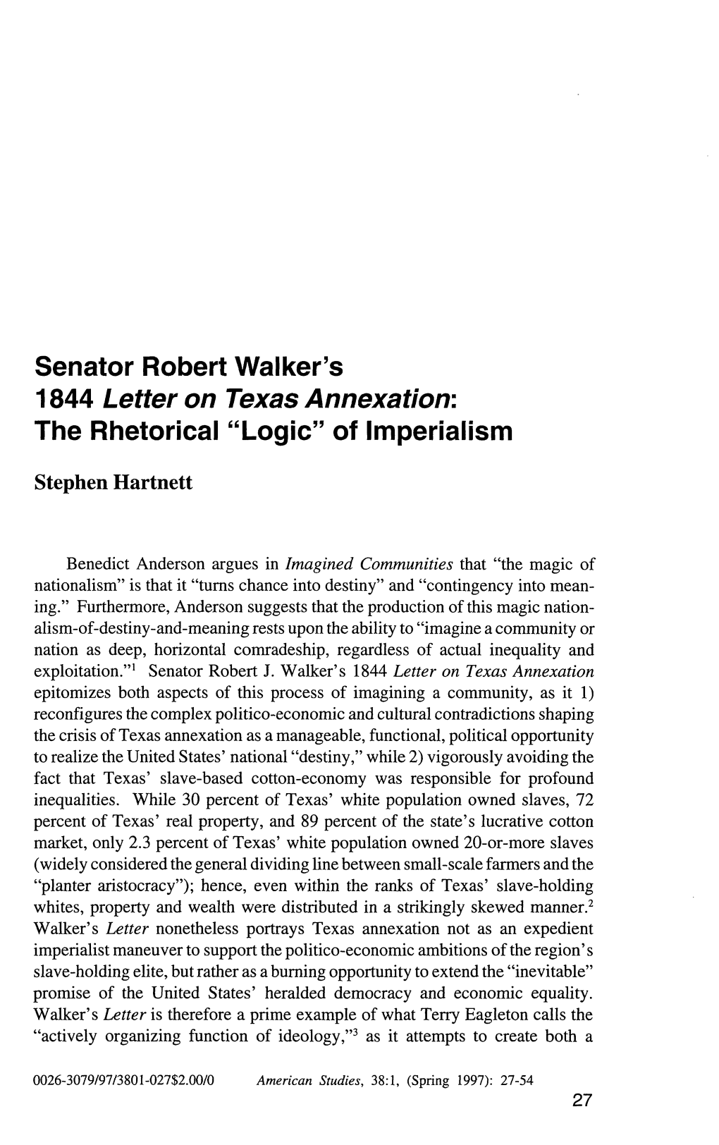 Senator Robert Walker's 1844 Letter on Texas Annexation: the Rhetorical 