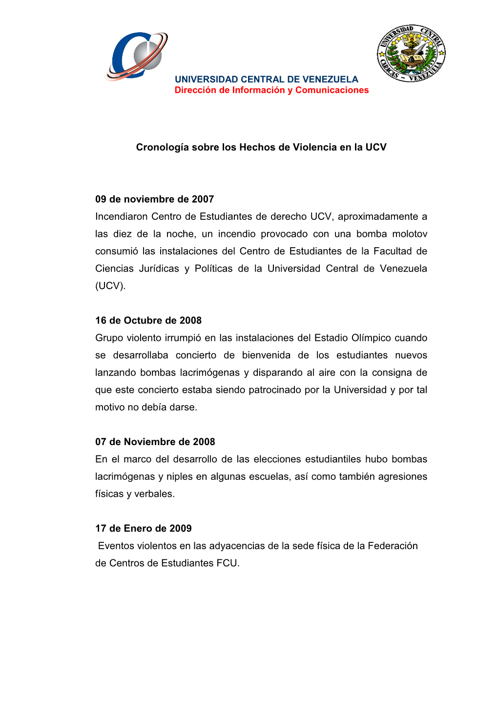 Cronología Sobre Los Hechos De Violencia En La UCV