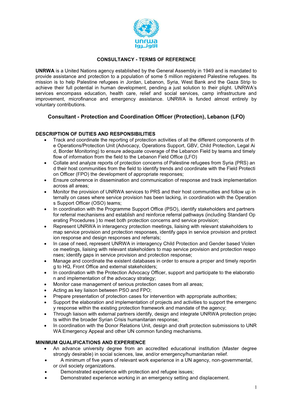 Consultant - Protection and Coordination Officer (Protection), Lebanon (LFO)