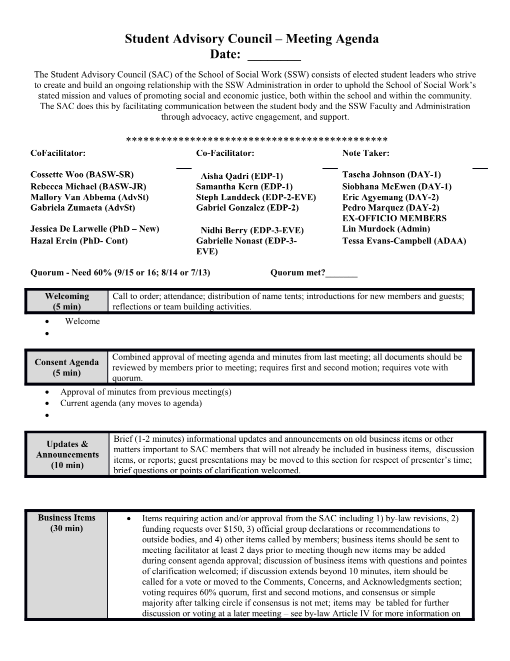 Student Advisory Council Meeting Agenda