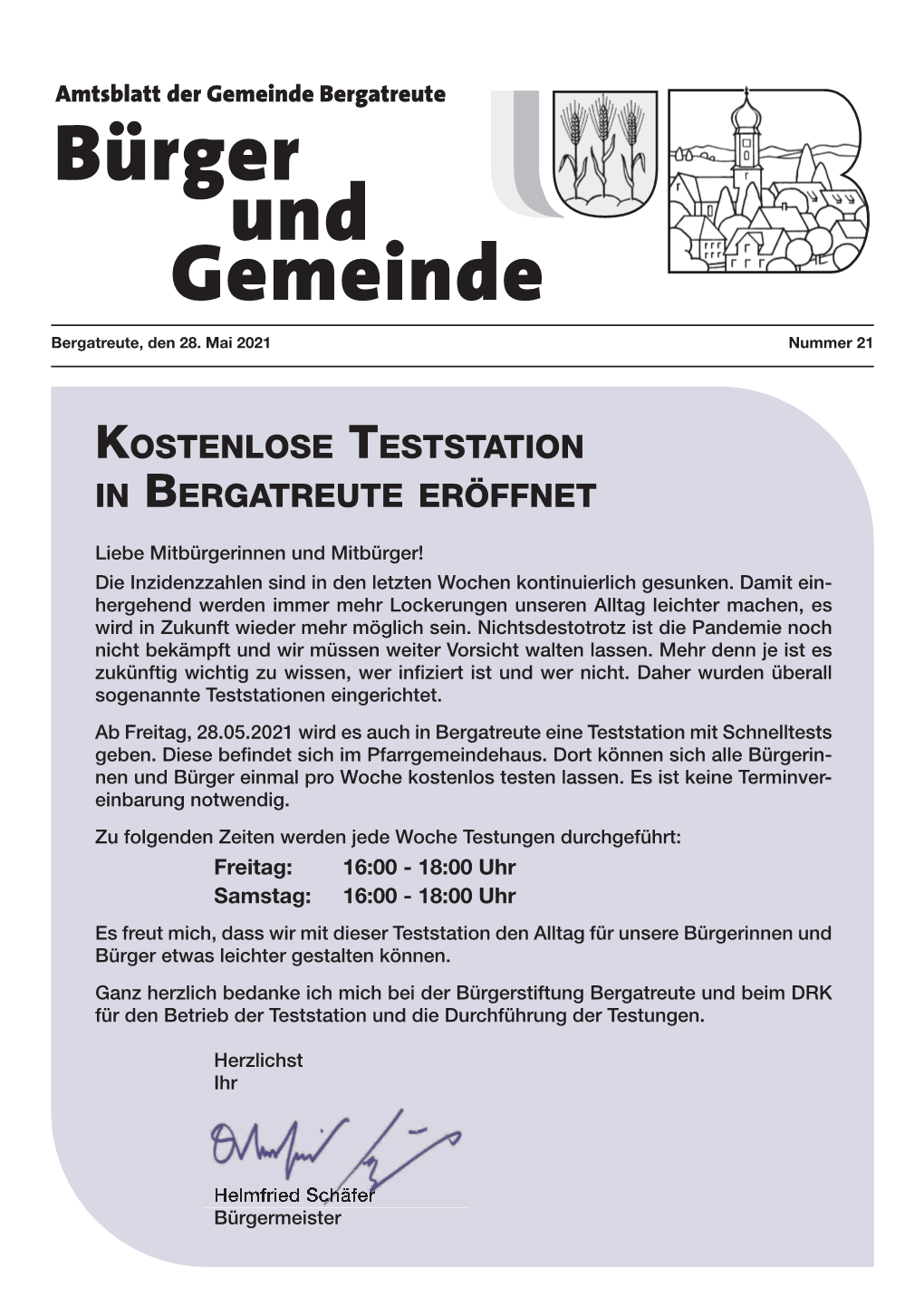 Kostenlose Teststation in Bergatreute Eröffnet