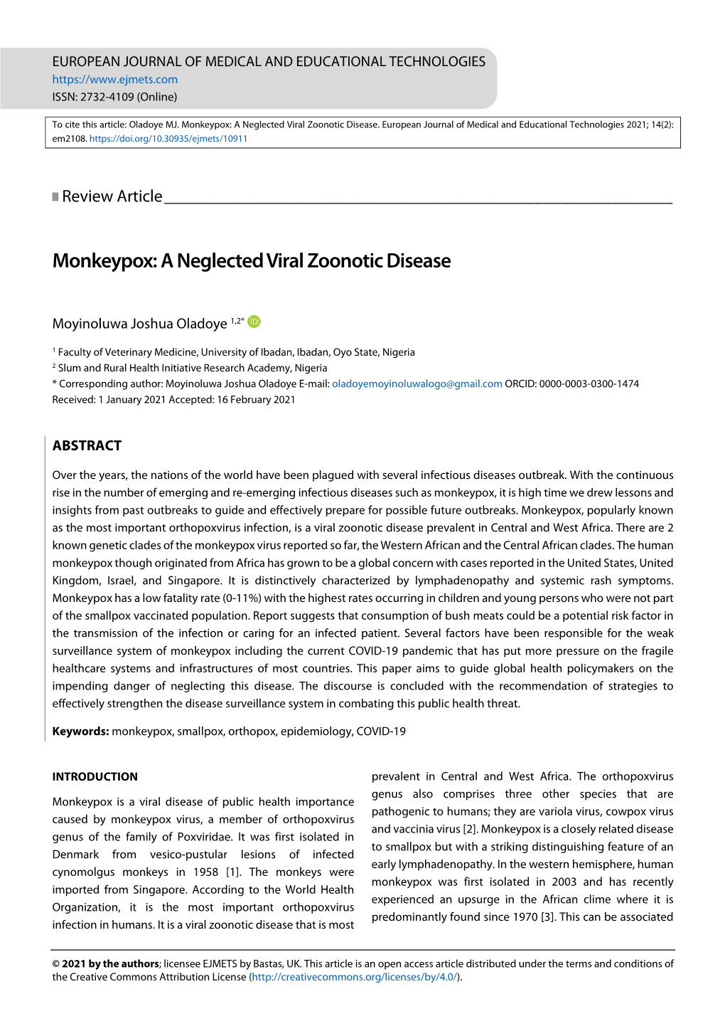 Monkeypox: a Neglected Viral Zoonotic Disease