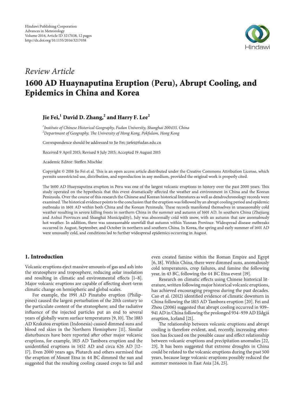 1600 AD Huaynaputina Eruption (Peru), Abrupt Cooling, and Epidemics in China and Korea