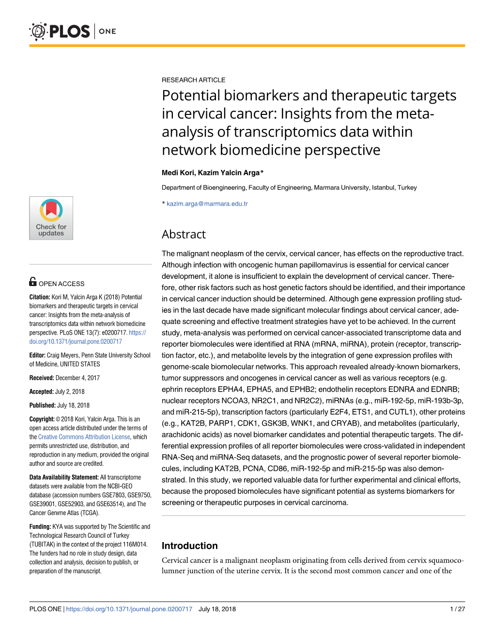 Potential Biomarkers and Therapeutic Targets in Cervical Cancer: Insights from the Meta- Analysis of Transcriptomics Data Within Network Biomedicine Perspective
