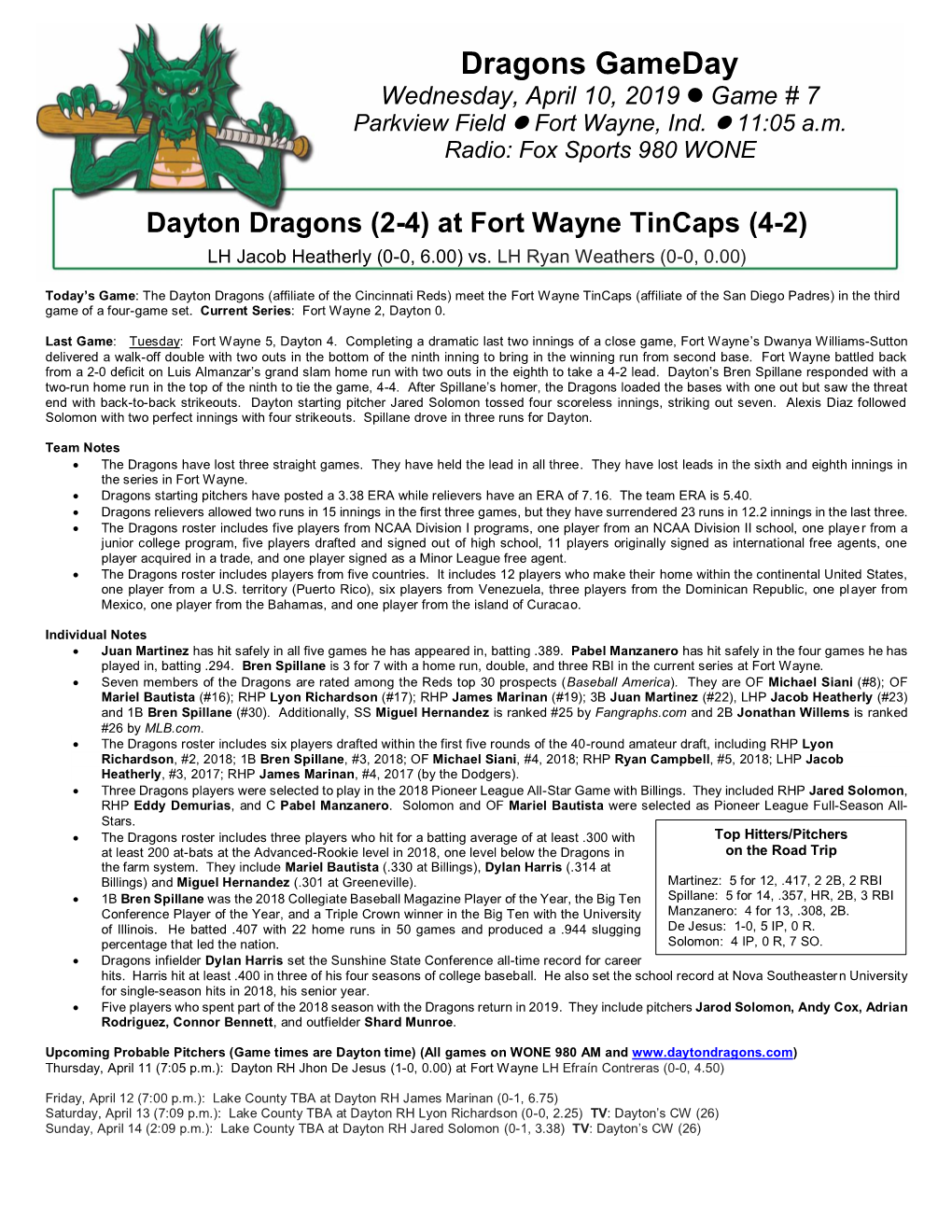 Dragons Gameday Wednesday, April 10, 2019  Game # 7 Parkview Field  Fort Wayne, Ind