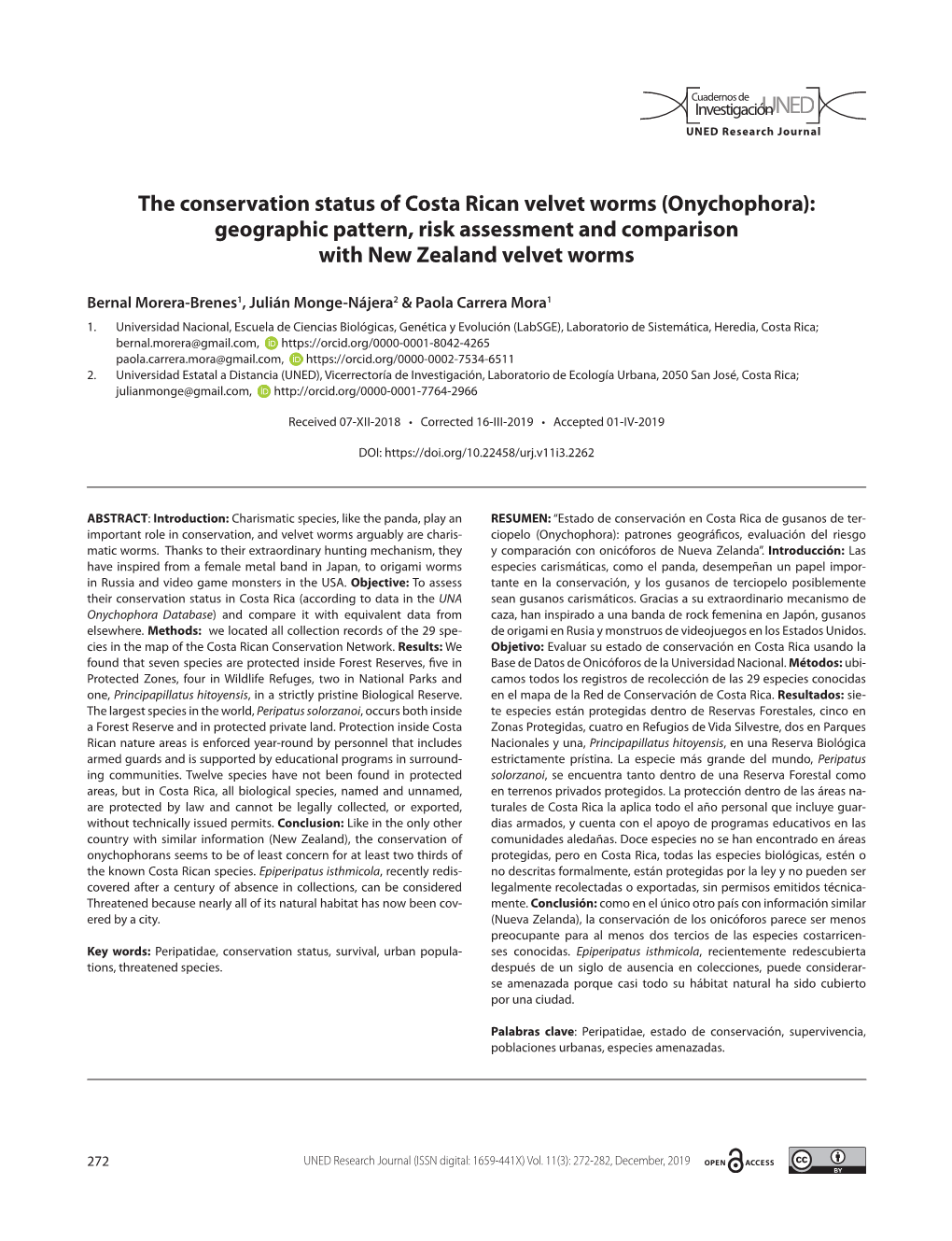 The Conservation Status of Costa Rican Velvet Worms (Onychophora): Geographic Pattern, Risk Assessment and Comparison with New Zealand Velvet Worms