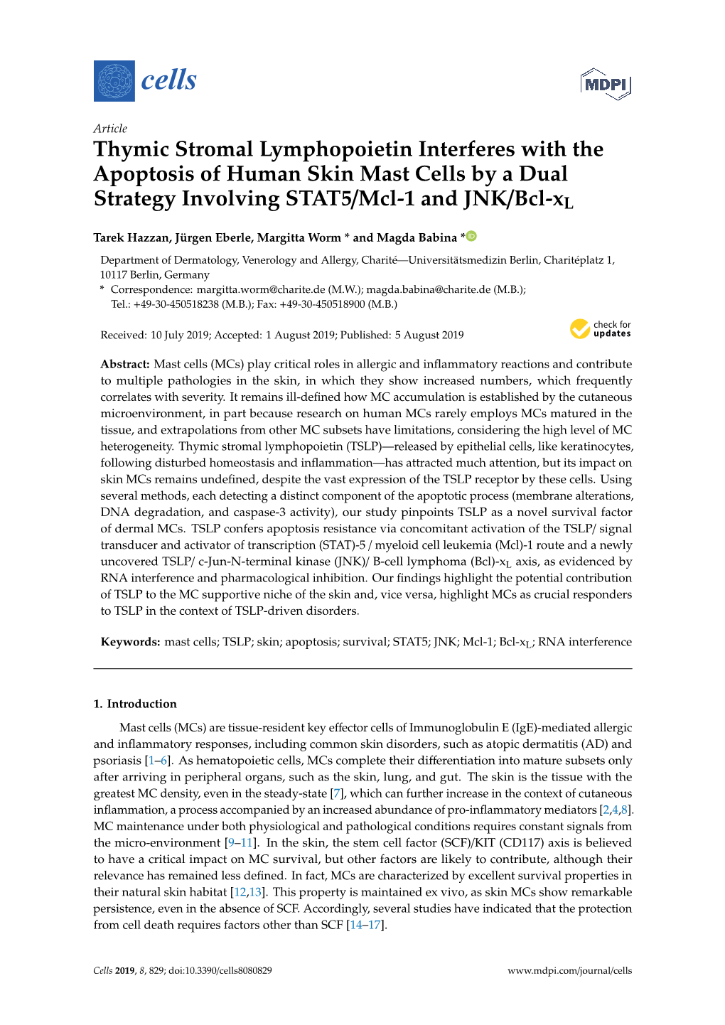Thymic Stromal Lymphopoietin Interferes with the Apoptosis of Human Skin Mast Cells by a Dual Strategy Involving STAT5/Mcl-1 and JNK/Bcl-Xl