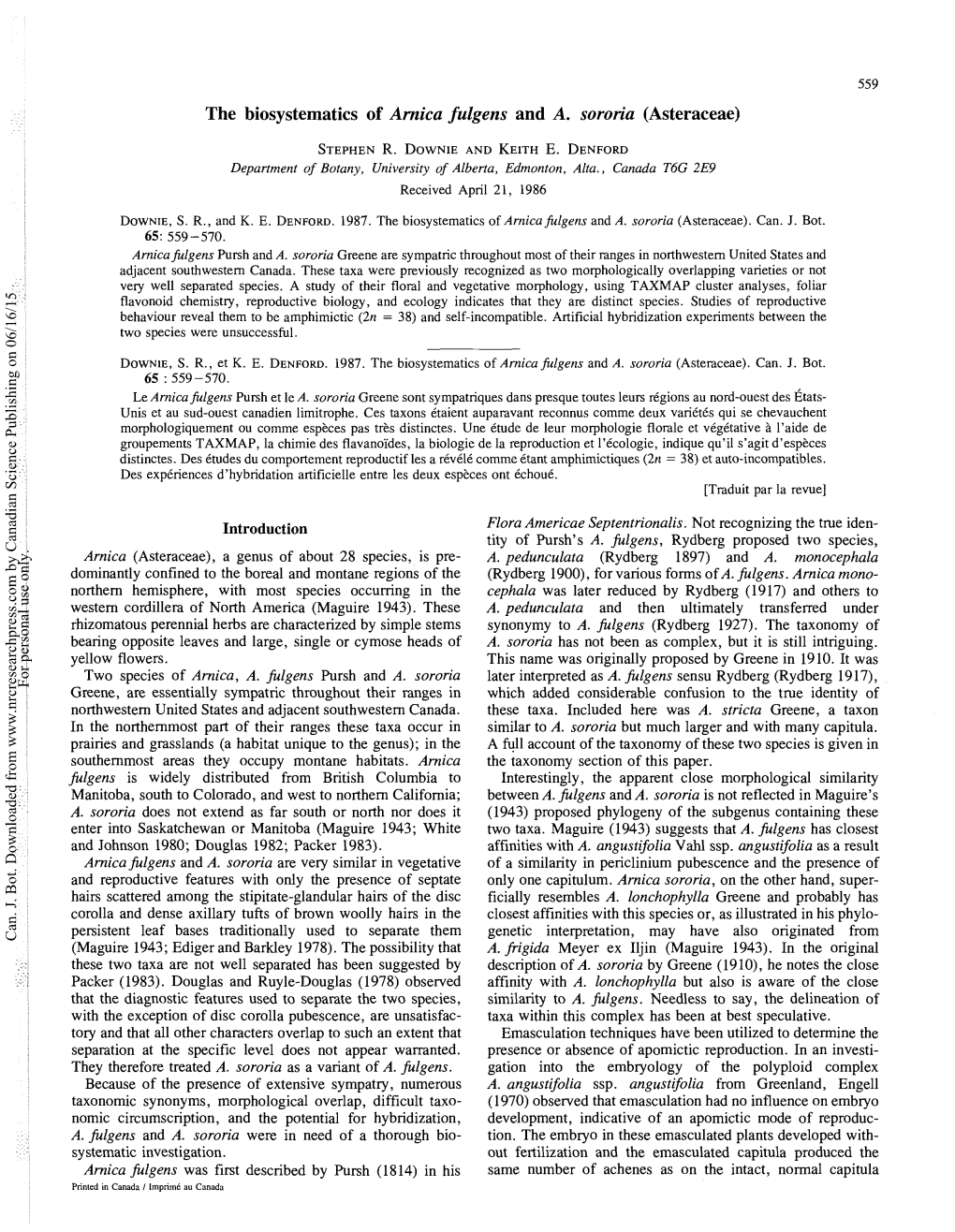 The Biosystematics of Arnica Fulgens and A. Sororia (Asteraceae)