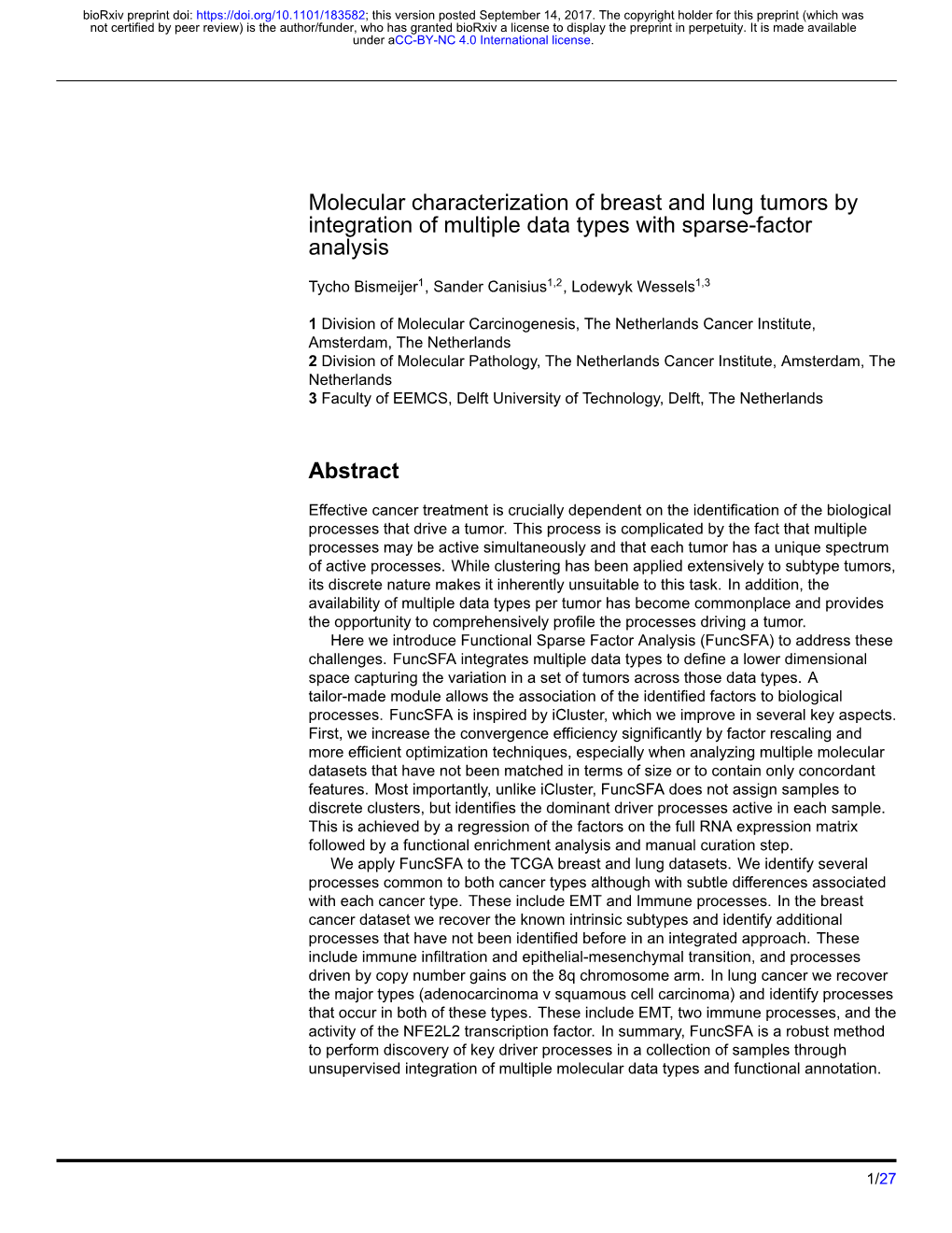 Molecular Characterization of Breast and Lung Tumors by Integration of Multiple Data Types with Sparse-Factor Analysis