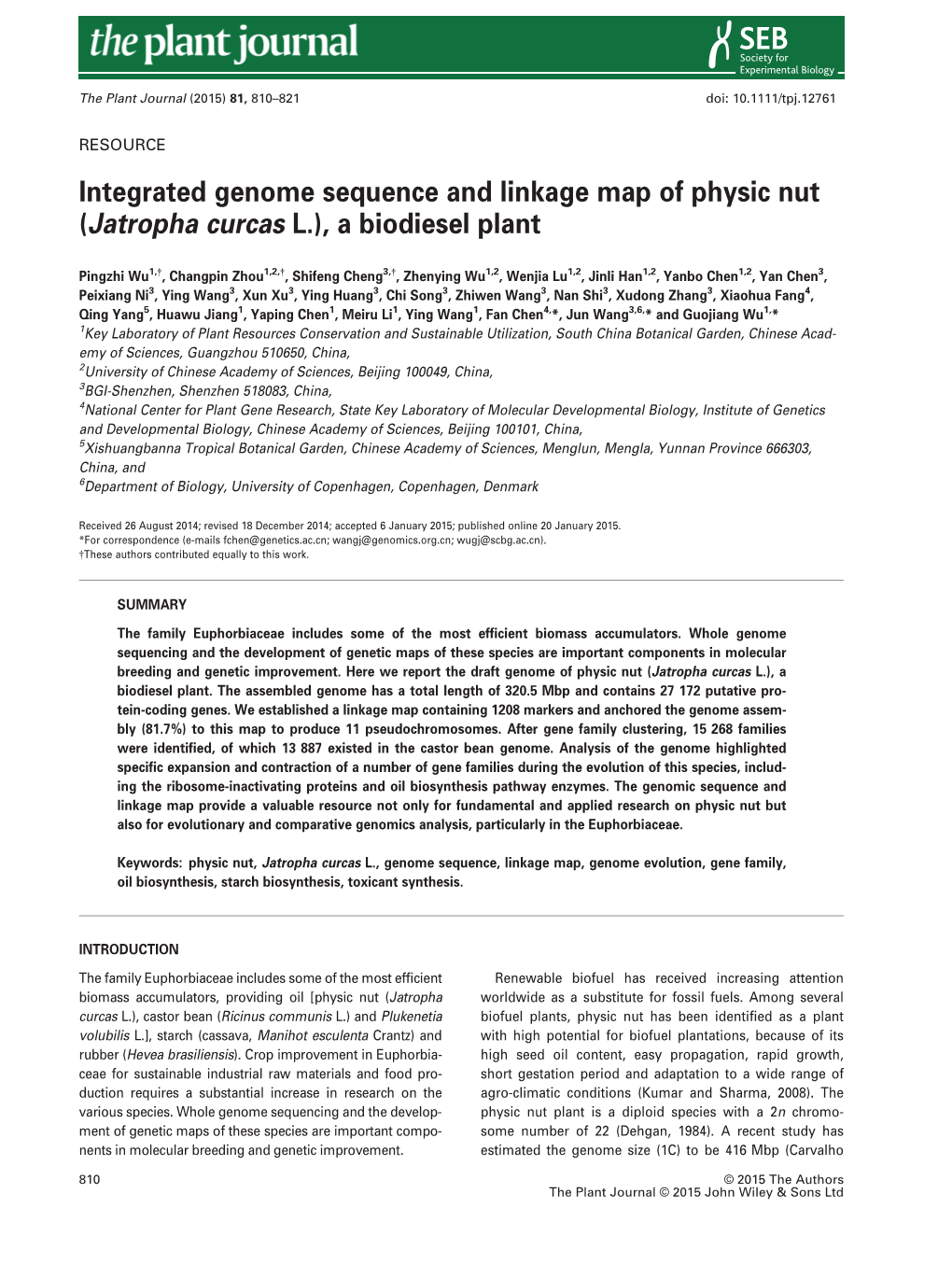 Integrated Genome Sequence and Linkage Map of Physic Nut (Jatropha Curcas L.), a Biodiesel Plant