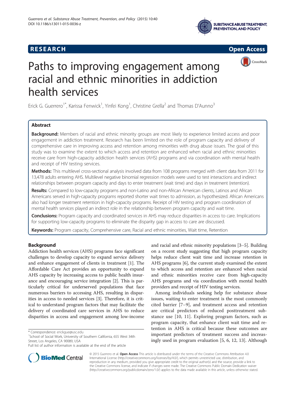 Paths to Improving Engagement Among Racial and Ethnic Minorities in Addiction Health Services Erick G