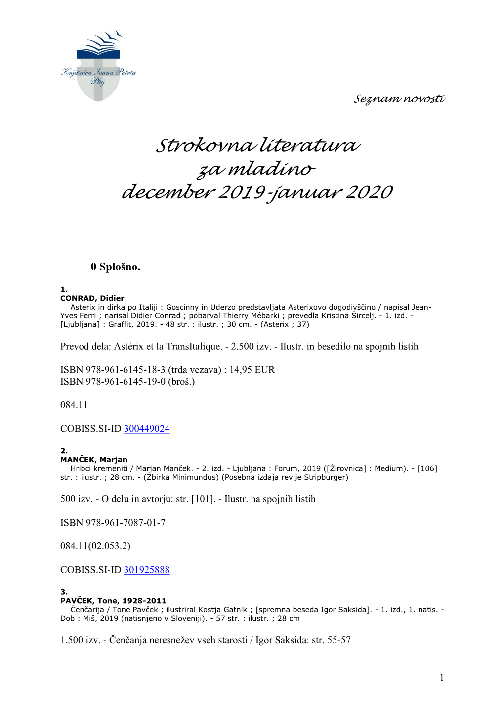 Strokovna Literatura Za Mladino December 2019-Januar 2020