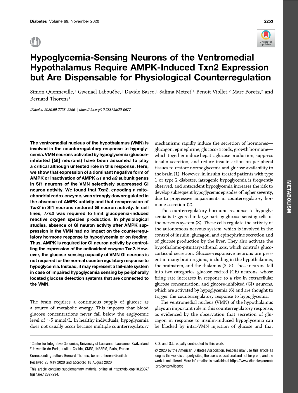 Hypoglycemia-Sensing Neurons of the Ventromedial Hypothalamus Require AMPK-Induced Txn2 Expression but Are Dispensable for Physiological Counterregulation