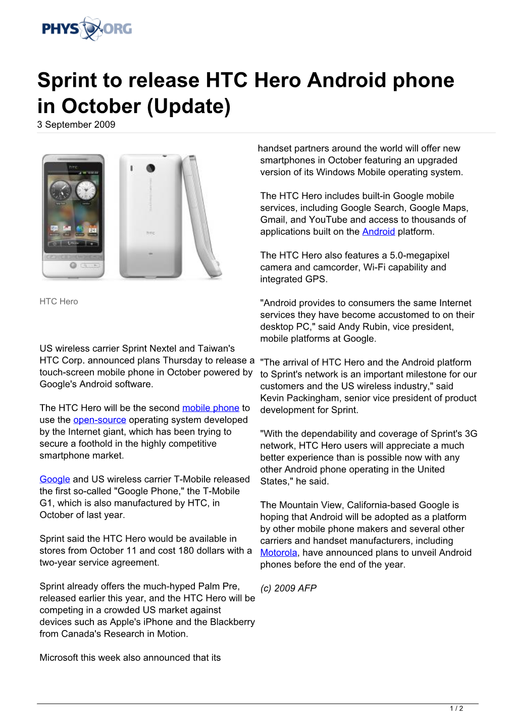 Sprint to Release HTC Hero Android Phone in October (Update) 3 September 2009