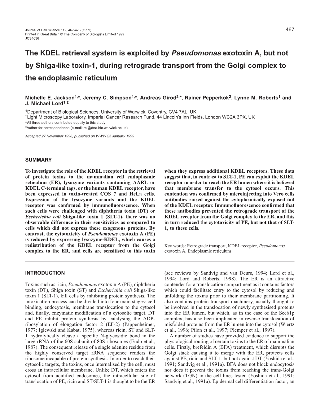 Retrograde Transport of Pseudomonas Exotoxin a by the KDEL Receptor 469 Prepared Locally